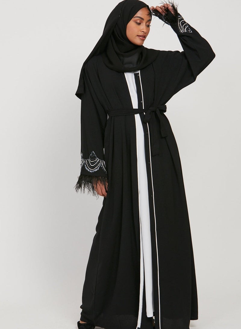 NUKHBAA Elegant Black plain abaya wityh belt and Hijab-N243A - Image 3